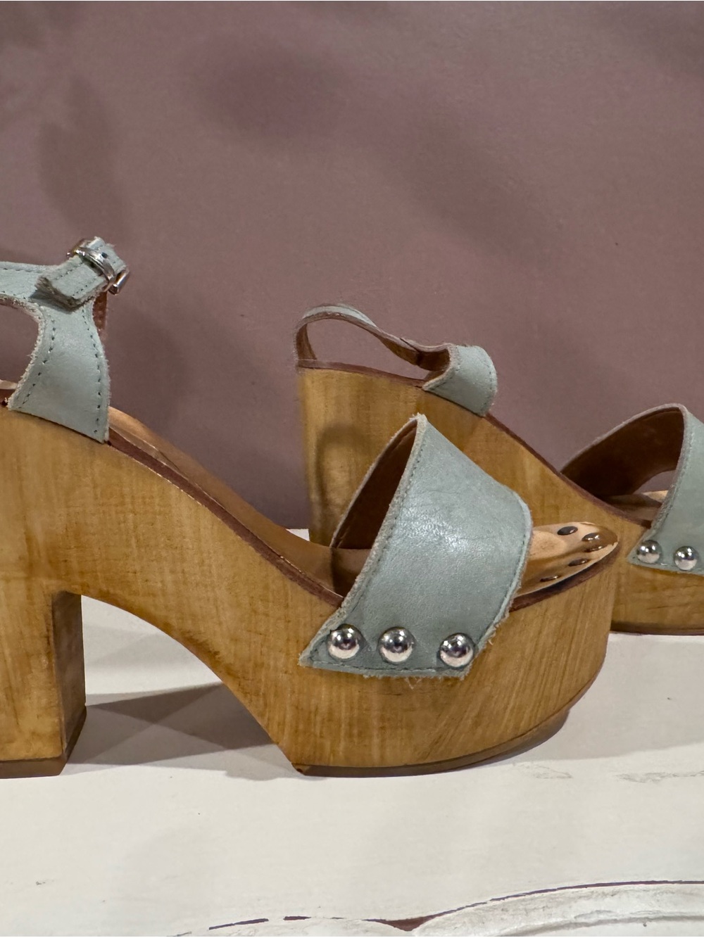 Steven By Steve Madden Sage Green Leather Platform Sandals with Wood Heel